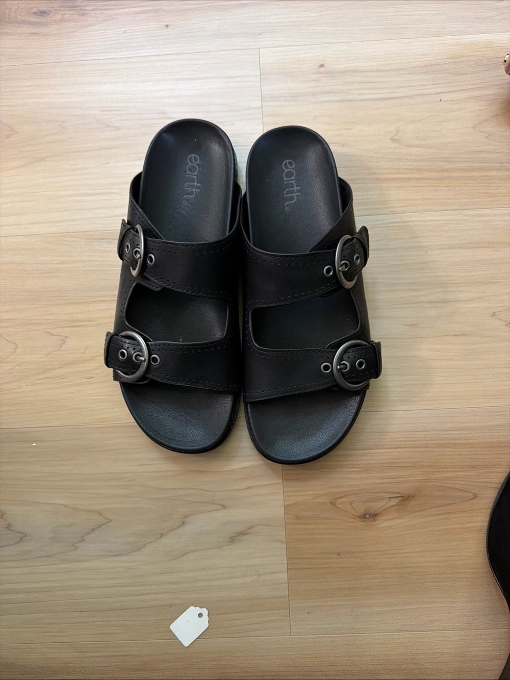 Earth Black Double-Buckle Slide Sandals with Silver Buckles